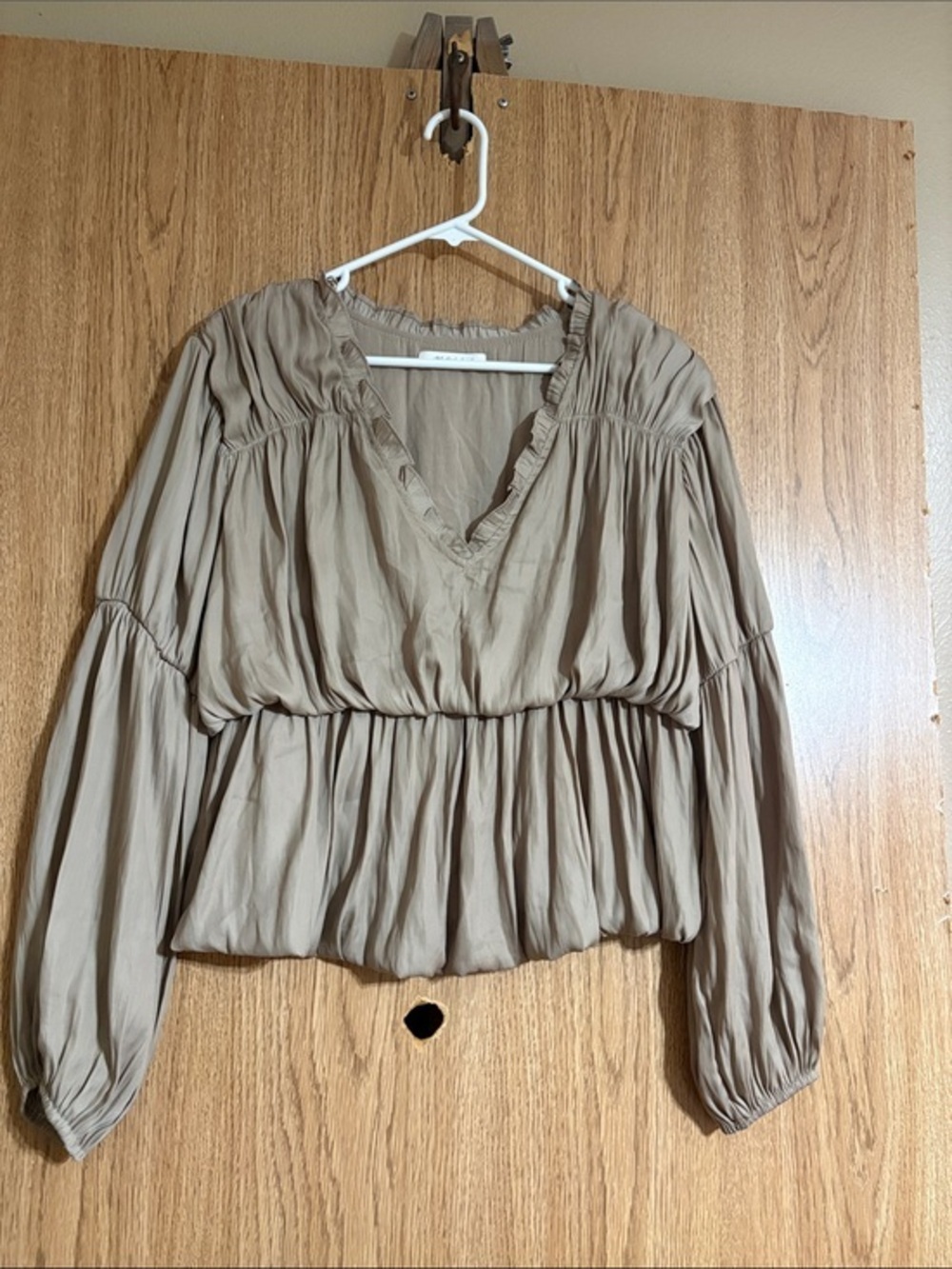Mustard Seed Taupe Peasant Blouse with V-Neck
